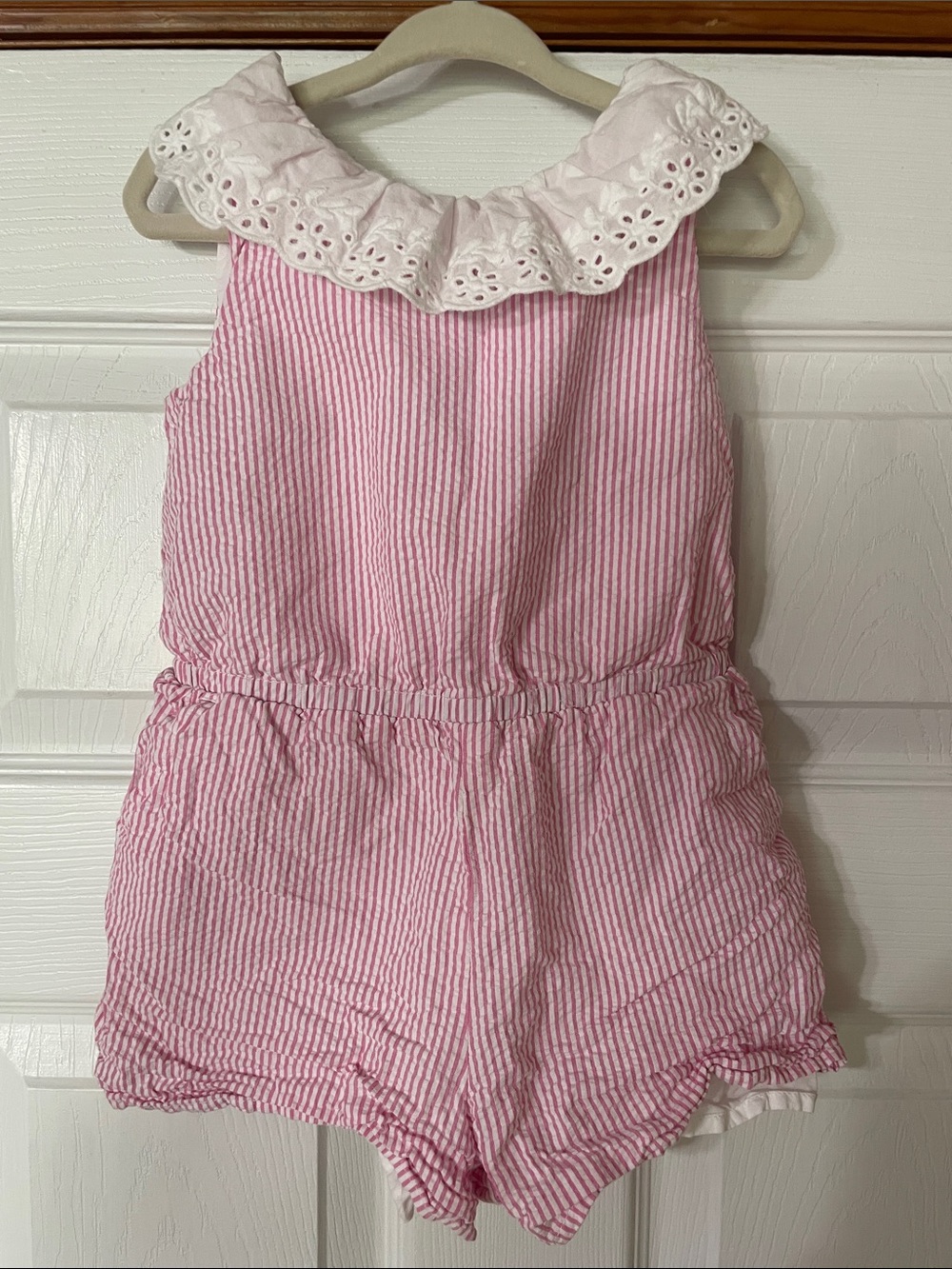 Janie and Jack Pink Seersucker Romper with Eyelet Collar